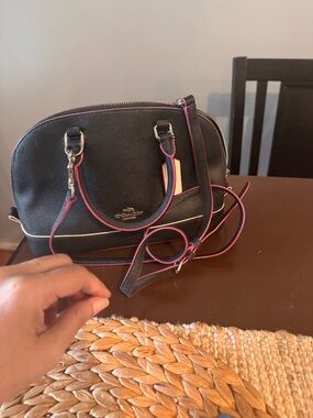 Coach Black Pebbled Leather Satchel with Pink Trim and Gold Hardware